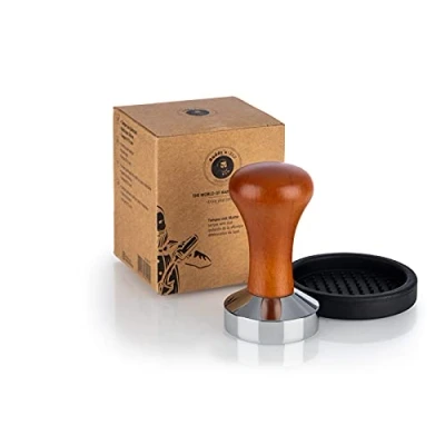 Afbeelding van Buddy&#039;s Bar Barista Edition, premium tamper, koffiecompressor Ø 51 mm basis, H: 9 cm, roestvrij staal, espressostempel voor zeefdrager, koffiestamper met siliconenmat, houten handvat