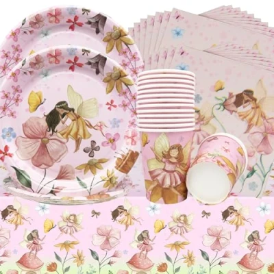 Afbeelding van Doyomtoy Feeënfeestaccessoires, 53 stuks decoraties voor verjaardagsfeesten met feeën, kopjes, servetten, tafelkleden, sprookjesdecoraties verjaardagsfeestjes kinderen 16 gasten