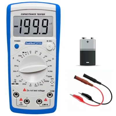 Afbeelding van PeakTech digitale capaciteitsmeter 20MF / weerstandmeter 2000 Mohm/doorgangsmeter/DIODEN test/transistortest Hfe, 1 stuk, P 3705
