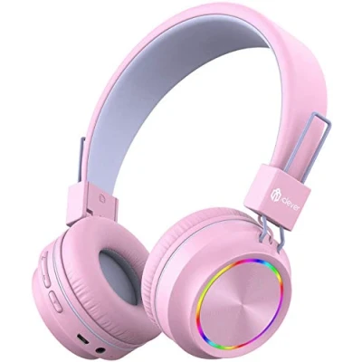 Afbeelding van iClever Bluetooth hoofdtelefoons voor kinderen, gekleurde lichten, koptelefoons met microfoon, volume controller, foldable, iPad, tablet, Kindle, vliegtuig, school