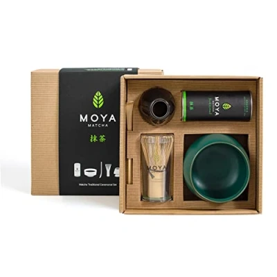 Afbeelding van Biologische Moya Matcha Groene Thee Set Pakje van 30g Traditional kwaliteit (II) + Kommetje Klopper Houder Lepeltje cadeauset groen poeder beginnerset