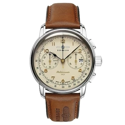 Afbeelding van Zeppelin Herenhorloge serie 100 jaar mediterrane chronograaf met leren band, Crème/bruin., Klassiek