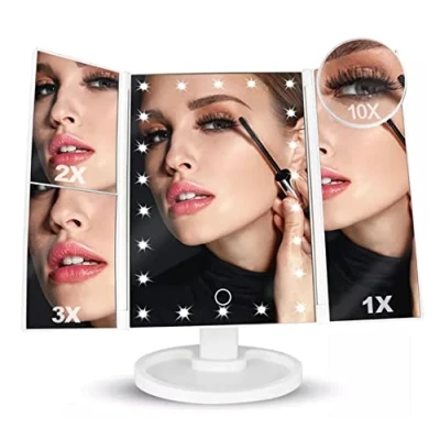 Afbeelding van LEDWARNING Heldere witte spiegel 22 LEDs, vergroting 1X, 2X, 3X, 10X. Opvouwbaar. Drie vouwkleppen, 180 rotatie. Verkoper en voorraad in Frankrijk.