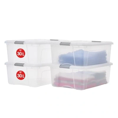 Afbeelding van Iris Ohyama, Set van 4 plastic opbergdozen met deksel, Grote stapelbare opbergdozen, 30L, BPA vrij, Wasserij, Transparant / zilveren handgrepen, B39.5 x D58 H20.5 cm