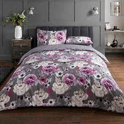 Afbeelding van Sleepdown Inky Floral Grey Easy Care Soft Cosy Reversible Dekbedovertrek Quilt Bedding Set 200 cm x Plus 2 Kussenslopen 80