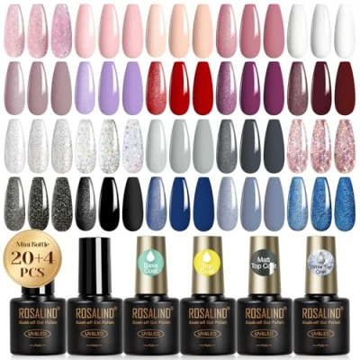Afbeelding van ROSALIND UV Nagellak Set, 20+4 Stuks Gel Met Base Coat &amp; Top Coat, Matte Glitter Mini Kleur Voor Nagels Paars Rood Grijs Zwart Blauw Shellac Nagel Design