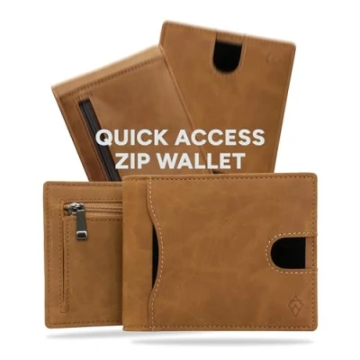 Afbeelding van AKIELO RFID Blokkerende Bifold Kaart Portemonnee met Ritssluiting Muntzakje en Geschenkdoos Stijlvolle Heren Creditcardhouder Portemonnees voor (DELTA Tan Rits Editie)
