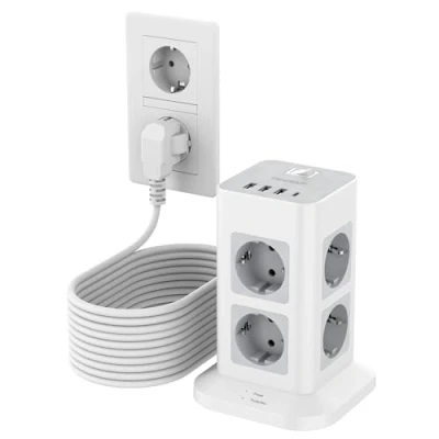 Afbeelding van TESSAN 8 Voudige Stekkerdoos, Stekkerdoos met 3 USB A en C, Verlengkabel Meerdere Stekkers 10M, Schakelaar voor Thuiskantoor, 3600W