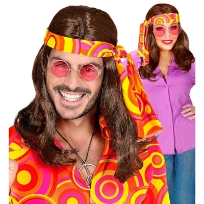 Afbeelding van Widmann Milano Party Fashion Pruik, jaren 70, disco fever met hoofdband, kunsthaar, Flower Power, hippie