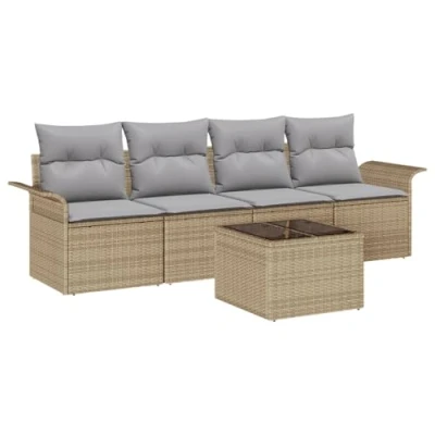 Afbeelding van vidaXL 5 delige Tuin Sofa Set met Kussens Beige Poly Rattan, 2 Zits Opslag &amp; Rattan