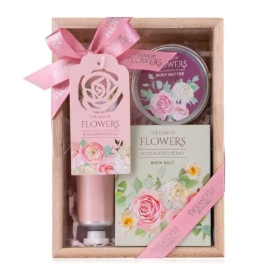 Afbeelding van Accentra Badset dames cadeauset I DREAM OF FLOWERS in een mooie geschenkdoos 3 delige verzorgingsset met handcrème, body butter en badzout voor Valentijnsdag Moederdag