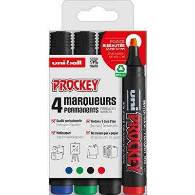 Afbeelding van Uni Prockey 159004 permanente marker Prockey, wigvormige punt, 3 6 mm, 4 delige etui, inhoud: zwart, groen, rood en blauw