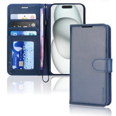 Afbeelding van TECHGEAR iPhone 15 lederen portemonneehoesje, flip beschermhoes met portemonnee kaarthouder, standaard en polsband blauw PU leer magnetische sluiting voor 6,1 inch