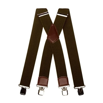 Afbeelding van Olata Extra Brede X Vorm Bretels met Bruin Leer en Zilveren Clips 5 cm. Olijfgroen