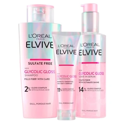 Afbeelding van L&#039;Oréal Paris Elvive Glycolic Gloss Conditioner 150ml + Shampoo 200ml Leave In Serum Set Voor Dof en Poreus Haar Intense Langdurige Glans 3 Flessen