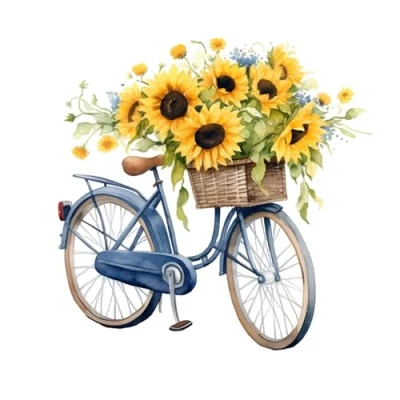 Afbeelding van 20 servetten bloemen fiets met zonnebloemen als tafeldecoratie. Papieren motief. Ook voor decoupage en servettechniek 33x33cm