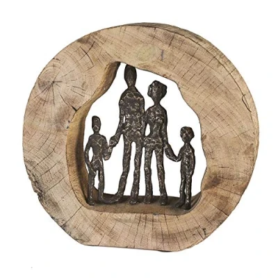 Afbeelding van Casablanca by Gilde Decoratief figuur Sculptuur gezin object, hoogte 28 cm, van metaal en hout boomschijf, woonkamer (1 stuk)