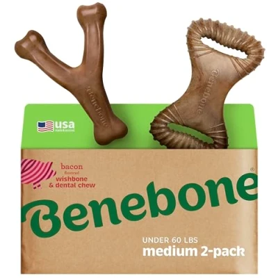 Afbeelding van Benebone 2 pack onverwoestbare tandkauw/draagarm voor agressieve kauwers, langdurige taaie verveling breker honden, echte speksmaak, middelgrote gemaakt in de VS.