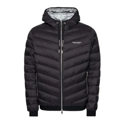 Afbeelding van Armani Exchange Gewatteerde herenjas met capuchon en ritssluiting, Milano/New York logo, Zwart/Melange Grijs B, XS