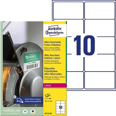 Afbeelding van AVERY Zweckform B7173 50 duurzame folie etiketten (500 stickers, 99 x 57 mm op A4, extreem sterk zelfklevend, voor moeilijke oppervlakken, bedrukbare outdoor kleeffolie) vellen, wit