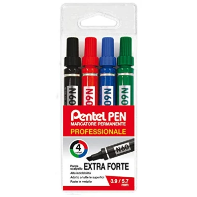 Afbeelding van Pentel N60 markeerstift 4 stuk(s) Beitelvormige punt Zwart, Blauw, Groen, Rood