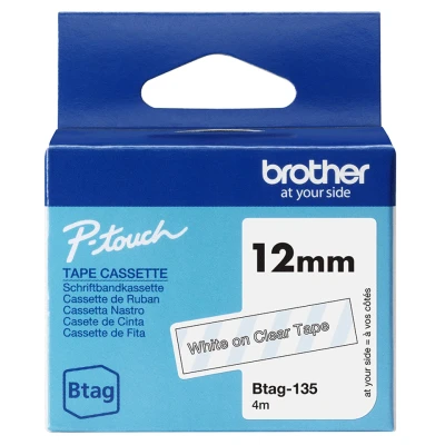 Afbeelding van Brother Original Btag 135 Labeltape, 12 mm breed, 4 m lang, wit/transparant