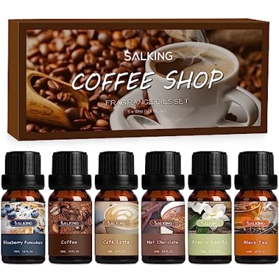 Afbeelding van SALKING Café Set etherische oliën, aromatherapie cadeauset, pure geuroliën voor diffuser, geurlampen, luchtbevochtiger, 6 x 10 ml (bosbessenpannenkoeken, koffie, latte, chocolade, vanille, zwarte