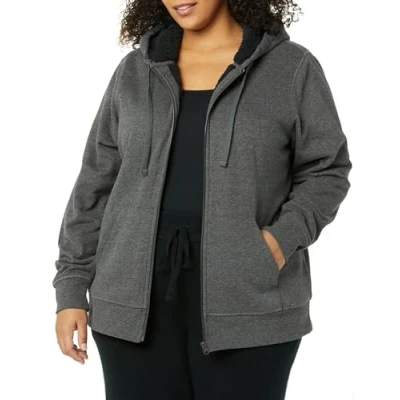 Afbeelding van Amazon Essentials Women&#039;s met sherpa gevoerd fleecejack volledige ritssluiting (verkrijgbaar in grote maten), Houtskoolzwart, L