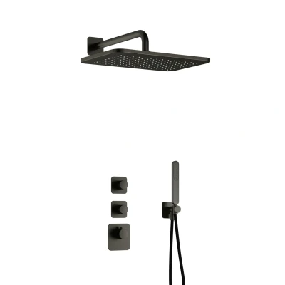 Afbeelding van Hotbath Gal Regendoucheset IBS40 Geborsteld Gunmetal PVD Staaf Handdouche 40cm Hoofddouche Wandarm met wandhouder