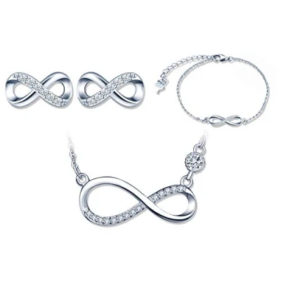 Afbeelding van Yumilok Damesketting, halsketting, armketting, oorstekers met hanger, Infinity, oneindigheidssymbool, 925 sterling zilver, sieradensets voor vrouwen en meisjes, zilver zirkonia, Zirkonia