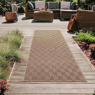 Afbeelding van Teppich Traum Binnen en buiten tapijt ruitpatroon duurzaam modern terras balkon tuin waterafstotend jute look 80x250 cm
