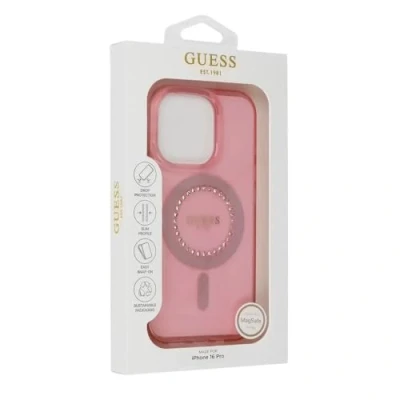 Afbeelding van CG Mobile Guess Magsafe IML hard hoesje met strass steentjes ontwerp voor iPhone 16 Pro Max roze