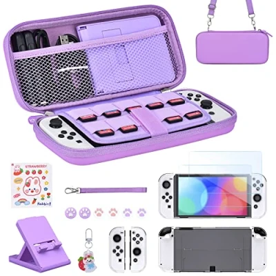 Afbeelding van Younik Switch OLED accessoiresbundel, 15 in 1 paarse schakelaar accessoireset inclusief draagtas met 9 spelkaartsleuven, verstelbare standaard, beschermhoes voor Console &amp; J Con