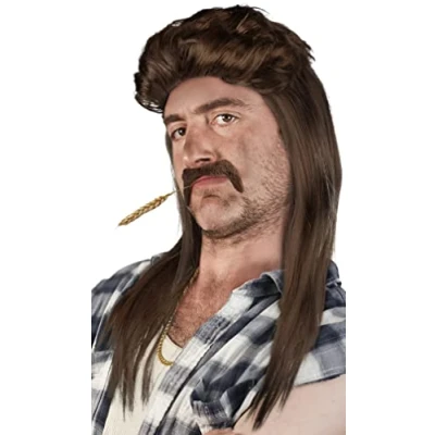 Afbeelding van SET van: Mullet Pruik + Baard Gouden Ketting Rocker Chav Proll Pimp Blond Brunette Grijs Zwart 80s 90s (Bruin Ketting)
