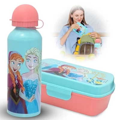 Afbeelding van Frozen lunchbox voor kinderen met drankjes, 2 stuks, zomerse waterfles 500 ml aluminium fles BPA vrije lunchset cadeau, geïsoleerde sandwichbox schoolreizen vanaf 3 jaar