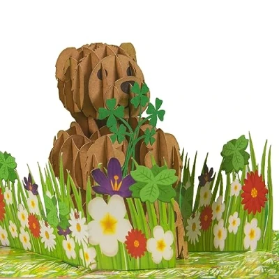 Afbeelding van LINPOPUP® pop upkaart beer bloem vlinder kaart, 3D kaart voor de eerste schooldag, felicitatiekaart verjaardag, veel geluk, up bloemen, op bloemenweide, N10
