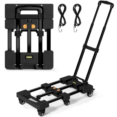 Afbeelding van Troozy steekwagen, inklapbaar met remmen, transportwagen, 226 kg, 4 universele wielen, uittrekbaar, transportwagen verstelbare dissel, 2 flexibele touwen, zwart
