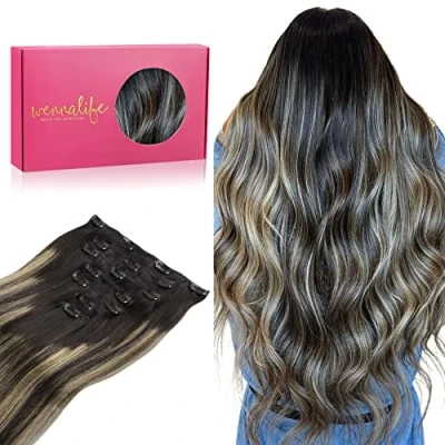 Afbeelding van Wennalife clip in extensies, echt haar, 55 cm, 120 g, 7 stuks, spoeling natuurlijk zwart tot lichtblond, Remy haarverlenging, haar