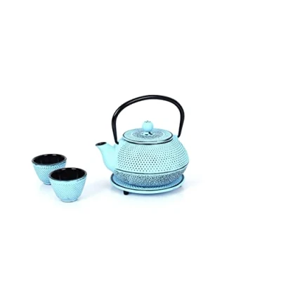 Afbeelding van Echtwerk Gietijzeren theeset, theepot 0,8 l, met uitneembaar zeefje, schoteltje en 2 theekopjes, vintage stijl voor losse thee, lichtblauw