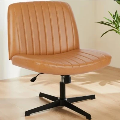 Afbeelding van Sweetcrispy bureaustoel zonder armleuningen, met PU leer, leesstoel brede bekleding om in kleermakersstoel te zitten, hoogte verstelbaar, 360 graden draaistoel voor thuis, beige,