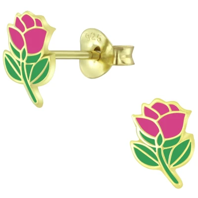 Afbeelding van JoyS Zilveren bloem oorbellen roze roosje 14k goudplating