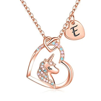 Afbeelding van TINGN Eenhoorngeschenken voor meisjes, 14 K roségoud vergulde hartvormige eenhoorn ketting met letters CZ hanger halsketting meisjes gepersonaliseerde verjaardagscadeau dochter