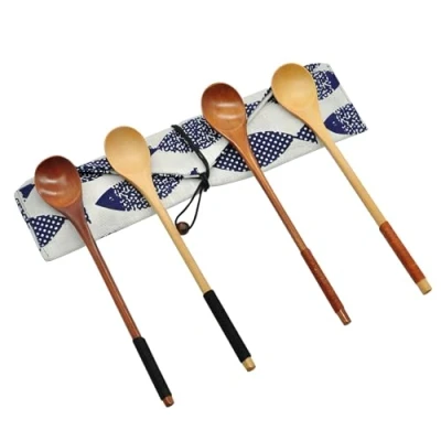 Afbeelding van SwirlColor houten lepel roerlepel, natuurlijke koffie thee met lange steel 4 stuks
