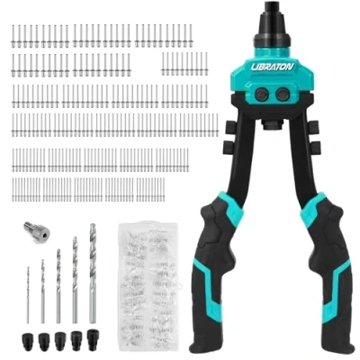 Afbeelding van LIBRATON Klinknagelpistoolset, tweehandige popklinkpistoolset, Heavy Duty klinknagelpistool, popklinkhamer met 250 aluminium klinknagels in doos, 5 gereedschapsvrije verwisselbare spuitmonden,