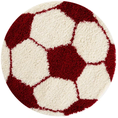Afbeelding van Fun Voetbal Kinderkamer Vloerkleed Hoogpolig Rood Wit 120 cm rond