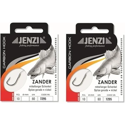 Afbeelding van Set 2 verpakkingen JENZI gebonden snoephaken (10 stuks) aan monofilament koord, 80 cm snoekbaars voorvak gemonteerd haakgrootte, 1, 2, 4 of 1/0 + gratis Petri Heill! Stickers (haakmaat 4)