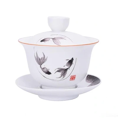 Afbeelding van Porselein Gaiwan 8oz Theekopje Wit Geglazuurd Tureen Chinese Sancai Cover Kom Lip Cup Schotel Set (Vis)