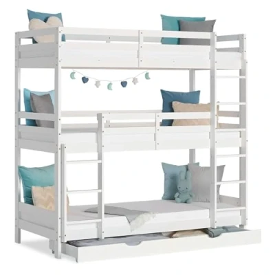 Afbeelding van Homestyle4u 1978 Stapelbed, kinderbed 90x200 cm, stapelbed met drie niveaus, bedlade, wit, hout