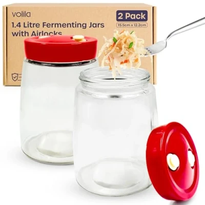 Afbeelding van volila fermentatieglas 1,4 l met luchtslot 2 stuks gaarglas 1 weg ontluchtingsventiel voor kimchi containers, kombucha en zuurdesemglas