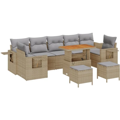 Afbeelding van vidaXL 10 delige tuinset met kussens in beige, poly rattan en acaciahout